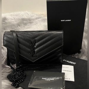 Saint Laurent Black Matelassé Grain De Poudre Cassandre Envelope Chain Wallet.